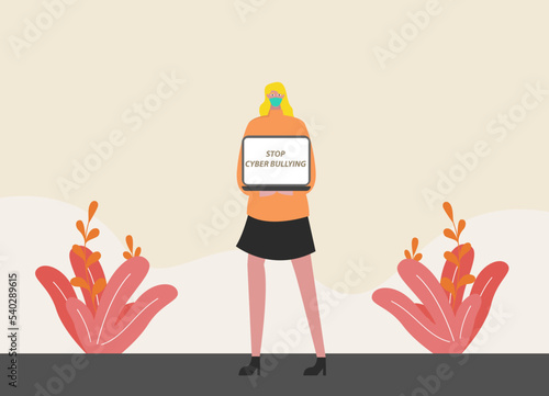 Cyber bullying in social networks and online abuse concept. Vector flat cartoon illustration of girl character showing a stop cyber bullying message on a laptop screen