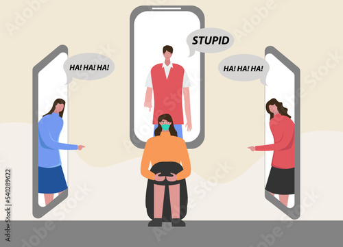 Cyber bullying in social networks and online abuse concept. Vector flat cartoon illustration of upset girl character. Young woman crying in front of mobile phone screen due to haters messages
