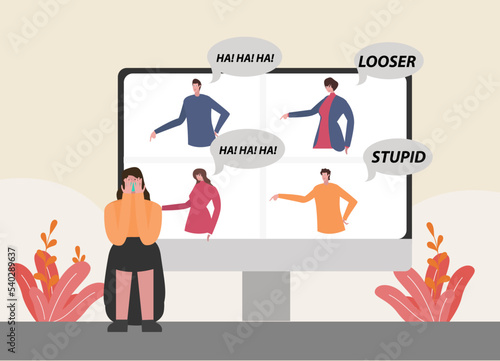 Cyber bullying in social networks and online abuse concept. Vector flat cartoon illustration of upset girl character. Young woman crying in front of laptop screen due to haters messages