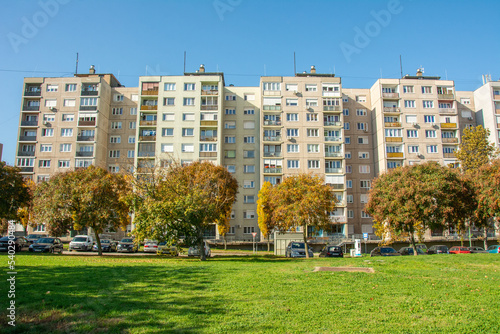 Typical concrete block of flats (panel buildings), built in the People's Republic of Hungary and other Eastern Bloc countries, called 'Panelhaz' in Dunaujvaros, Hungary photo