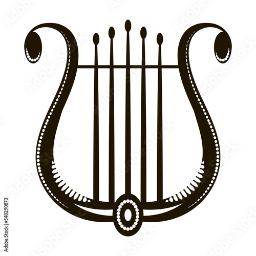 Retro Greek lyre with strings. Musical instrument icon isolated on white background.