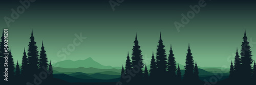 Sunset landscape mountain with forest silhouette and hot air balloon flat design vector illustration good for wallpaper, background, banner, backdrop, tourism and design template