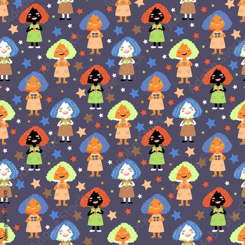 Seamless funny girls pattern. Green and red haired lady for cover books and kids textile. Holiday wrapping paper. Childhood blue background 