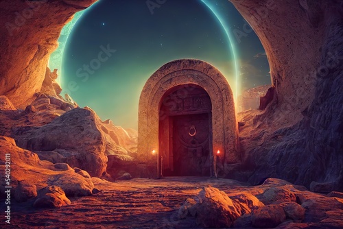 Magic portal with arch, Open door to alternate dimension fantasy scene, 3D rendering, raster illustration.