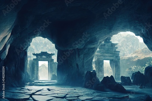 Portal in a stone arch in a mountain cave. Gateway to other worlds, fantasy scene,  3D rendering, raster illustration. © Яна Деменишина