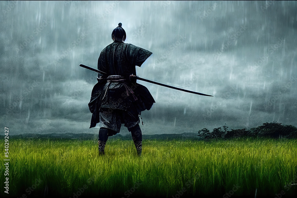 Landscape illustration featuring an ancient Japanese samurai warrior