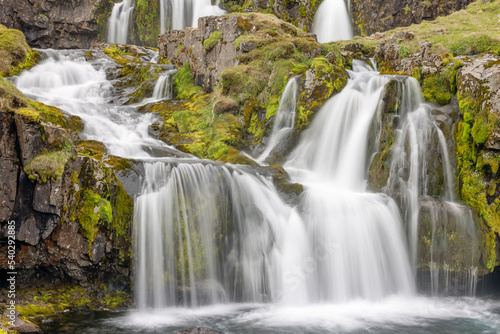 View at Kirkjufellsfoss cascade waterfall  popular tourist spot Iceland