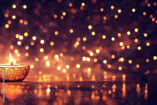 Diya lamp with fire lighting for Diwali, Deepavali or Dipavali, the indian festival of lights on color background