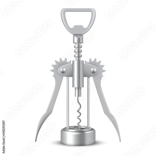 Wine corkscrew realistic vector illustration. Alcohol drink bottle open metallic device with handle