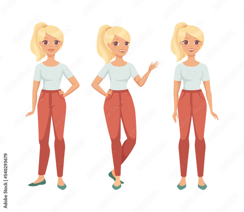 Blond Woman Character with Ponytail Wearing Red Pants in Standing Pose Vector Set Blond Woman Character with Ponytail Wearing Red Pants in Standing Pose Vector Set