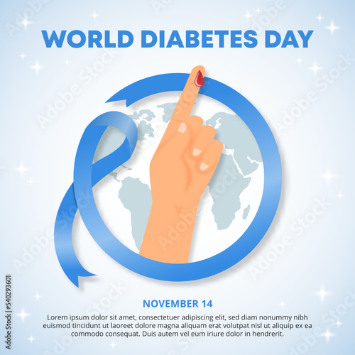 World diabetes day background with a circle blue ribbon and tested hand and sparkles