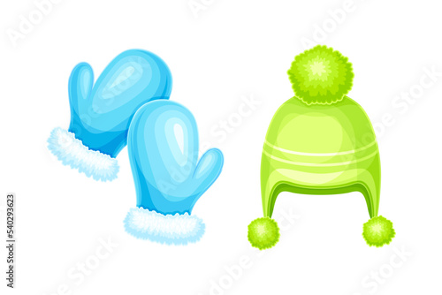 Winter Clothes with Pair of Blue Mittens and Green Hat as Warm Outerwear and Protection Against Cold Weather Vector Set