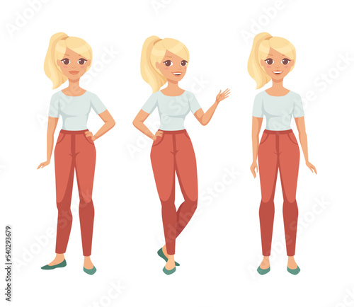 Blond Woman Character with Ponytail Wearing Red Pants in Standing Pose Vector Set