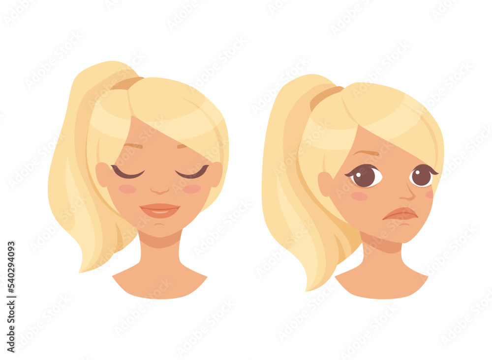 Pretty Blond Woman Character Face with Ponytail with Different Emotion Vector Set Pretty Blond Woman Character Face with Ponytail with Different Emotion Vector Set