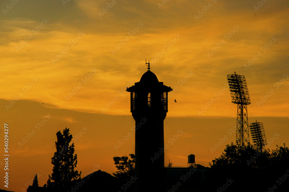 silhouette of a mosque in sunset, gaziantep omeriye mosque minaret