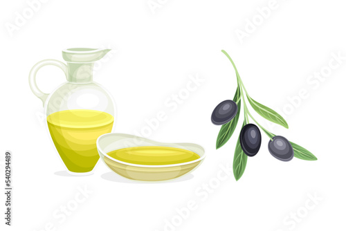 Olive Green Branch and Oil in Glass Jug Vector Set