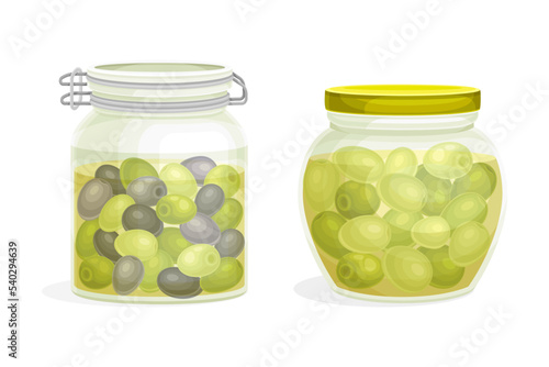 Olives in Canned Jar as Marinated and Preserved Food Vector Set