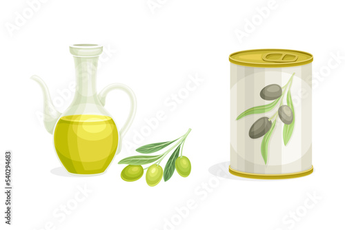 Olive in Can and Yellow Oil in Glass Pitcher Vector Set