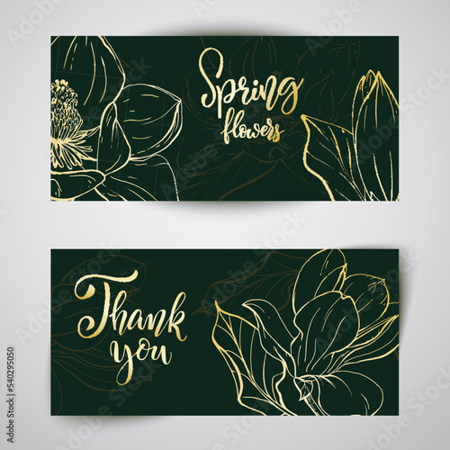 Floral baners. Hand drawn vector botanical illustration. Template greeting card, wedding invitation banner with spring flowers. Golden sketch magnolia blossom. Engraved style illustration