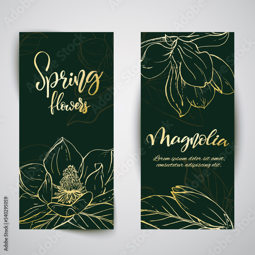 Floral baners. Hand drawn vector botanical illustration. Template greeting card, wedding invitation banner with spring flowers. Golden sketch magnolia blossom. Engraved style illustration