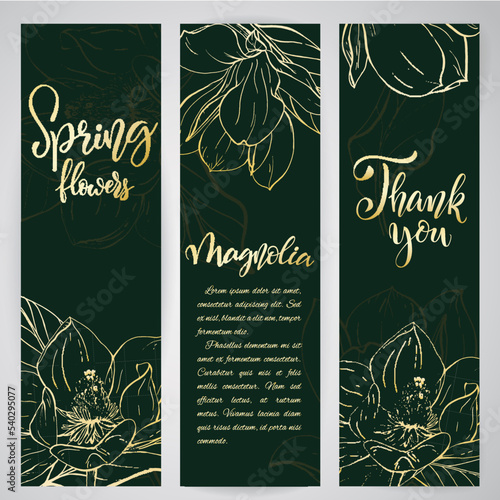 Floral baners. Hand drawn vector botanical illustration. Template greeting card, wedding invitation banner with spring flowers. Golden sketch magnolia blossom. Engraved style illustration