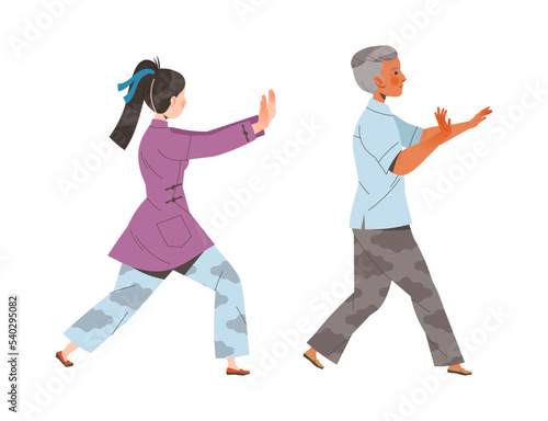 Man and Woman Character Practicing Tai Chi and Qigong Exercise Vector Set