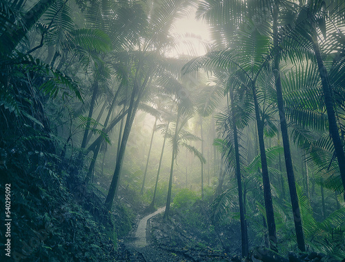 El Yunque National Rain Forest. Beautiful nature path. Rainforest art. Green art. Rainforest landscape scene. photo