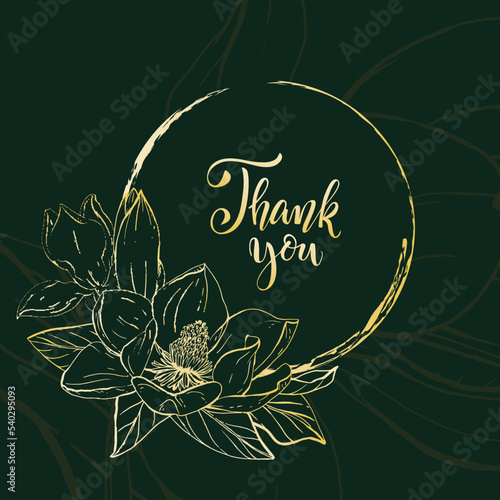 Golden sketch magnolia blossom with black background