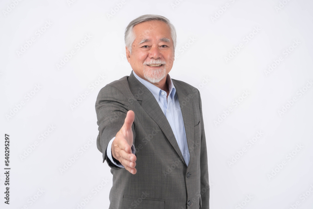 Asian senior businessman , senior man , old man offering handshake get acquainted or greeting at meeting isolated on white background , business concept Asian senior businessman , senior man , old man offering handshake get acquainted or greeting at meeting isolated on white background , business concept