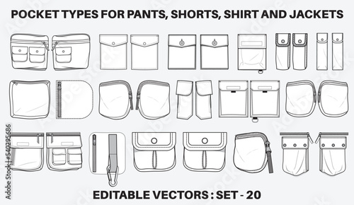 Photo Patch pocket flat sketch vector illustration set, different types of Clothing Po