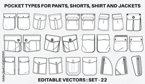 Patch pocket flat sketch vector illustration set, different types of Clothing Pockets for jeans pocket, denim, sleeve arm, cargo pants, dresses, bag, garments, Clothing and Accessories
