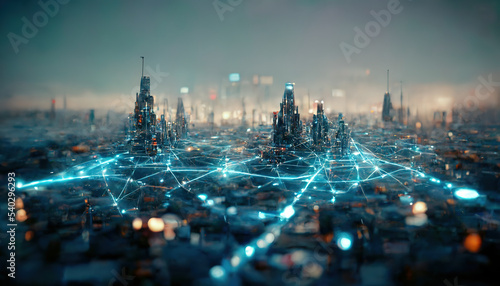 The concept of high-speed internet connection visualized as glowing cable webs sending digital data over spectacular futuristic cyberpunk cityscape with skyscrapers. Digital art 3D illustration.