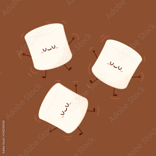 Funny Marshmallows characters in chocolate drink. Marshmallows character design. Dessert cartoon.
