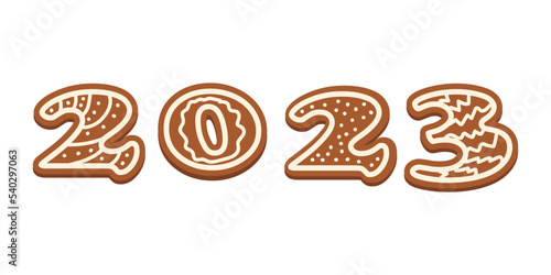 Gingerbread classic decorated cookie. New year cookies. Holiday winter symbols. New Year's Eve gingerbread in the shape of numbers 2023. White isolated background. Vector themed illustration.