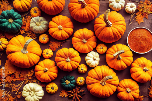 Pumpkins of various colors and sizes and fallen leaves, Autumn background
