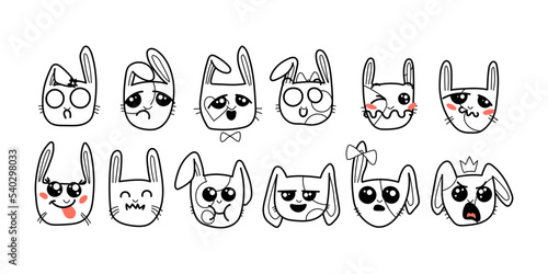 Cute Kawai rabbits. Different expression muzzles bunnies in doodle style. Angry, cheerful, joyful, happy, sick, love, suspicious, playful, laughing kawaii hare