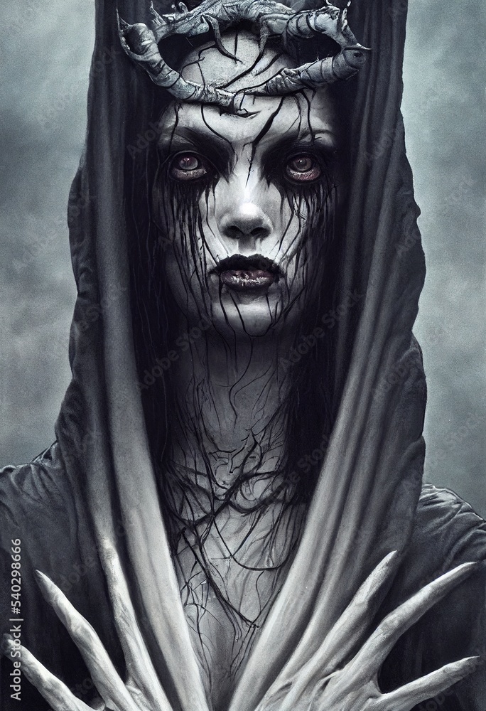 Creepy hooded priestess vile black marsh banshee with tangled roots  Illustration Stock | Adobe Stock