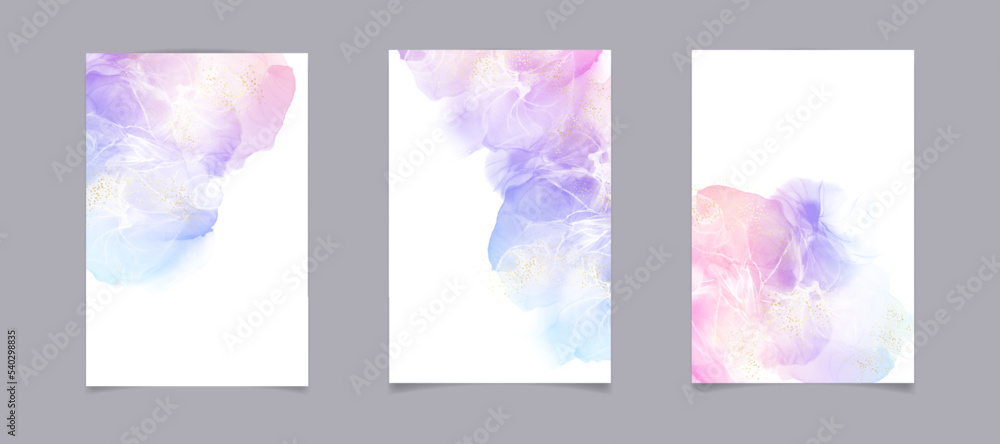 Violet cyan blue liquid watercolor background with golden stains. Teal mauve purple marble alcohol ink drawing effect. Vector illustration design template for wedding invitation, menu, rsvp