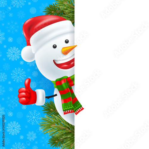 Cartoon smiling snowman in Santa hat and winter scarf, peek out of blank banner. Blue background with snowflakes pattern, fir tree branches. Christmas and New Year greeting. 3d vector illustration