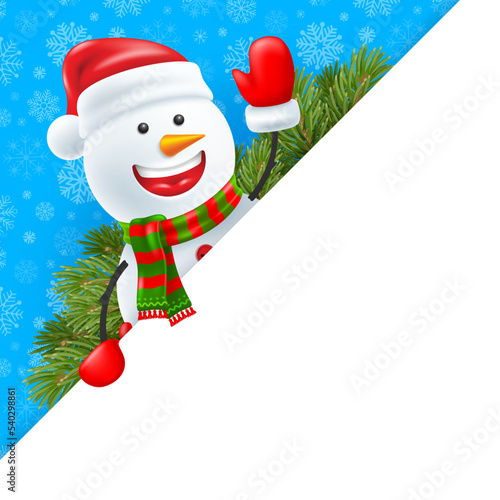 Cartoon smiling snowman in Santa hat and warm winter scarf, holding blank banner. Blue background with snowflakes pattern, fir tree branches. Christmas and New Year greeting. 3d vector illustration