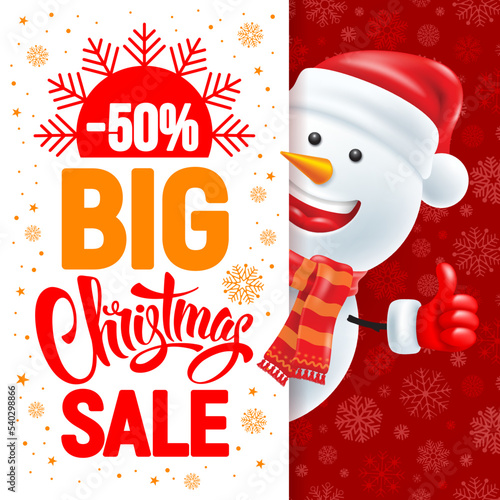 Cartoon smiling snowman in Santa hat and winter scarf, peek out of advertising banner. Red background with snowflakes pattern. Christmas and New Year sale banner template. 3d vector illustration