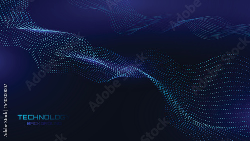 Wave music line of flowing particles abstract vector on dark blue background, smooth curvy shape circle dots fluid array. 3d shape dots blended mesh, future technology relaxing wallpaper.