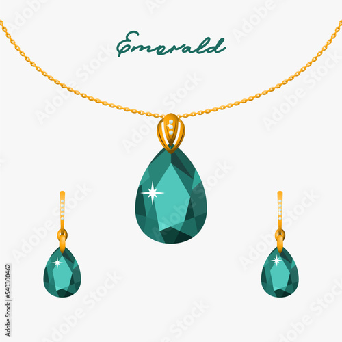 Illustration set of gold jewelry pendant on a chain and earrings with emeralds