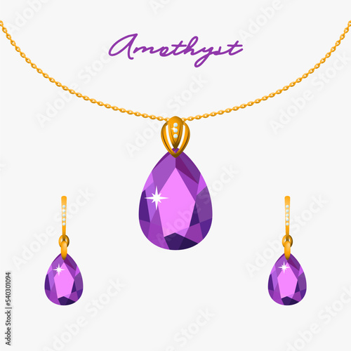 Illustration set of gold jewelry pendant on a chain and earrings with amethysts