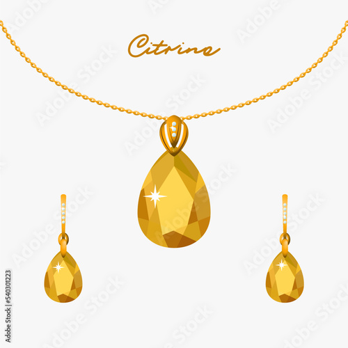 Illustration set of gold jewelry pendant on a chain and earrings with citrines