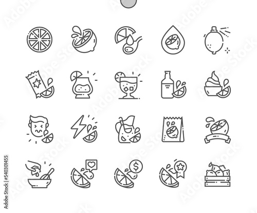 Sour. Lemon. Pisco sour. Drink and cocktail. Food shop, supermarket. Pixel Perfect Vector Thin Line Icons. Simple Minimal Pictogram.