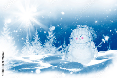 happy snowman. Winter landscape. Merry christmas and happy new year greeting card © alenalihacheva