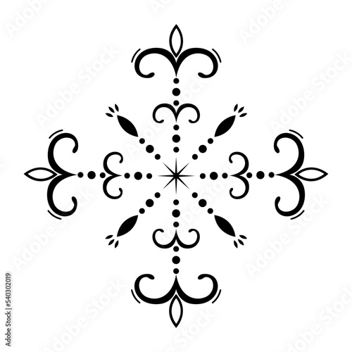 Christmas hand drawn snowflake. Decorative openwork snowflake with curls. Winter design element. Happy New Year vector illustration isolated on a white background