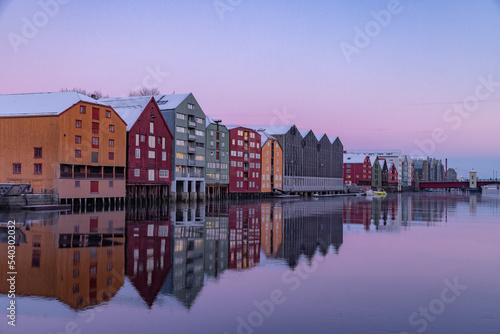 Walking along the Nidelven (river) on a cold winter's day in Trondheim city, Trøndelag, Norway