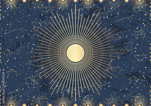 Hand drawn card of golden Sun, sunburst, light rays, stars. Constellation celestial space. Zodiac horoscope symbol, star astrology, astrology sign, icon. Magic space galaxy, vector sketch illustration